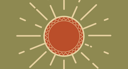 Stylized sun illustration with radiating lines and a patterned center on a green background.
