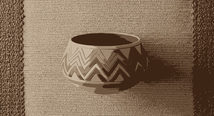 A sepia-toned image showcasing a decorative ceramic bowl with a zigzag pattern, resting on a textured surface.