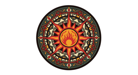 Circular emblem featuring a stylized sun with flames at its center, surrounded by intricate geometric patterns.
