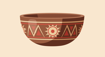 A beautifully decorated ancient ceramic bowl with intricate geometric patterns and a sun motif.