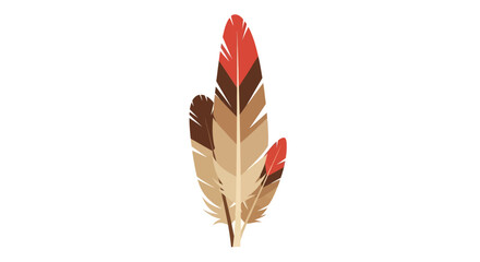 A cluster of three stylized feathers in earthy tones of brown, tan, and red, arranged vertically against a white background.