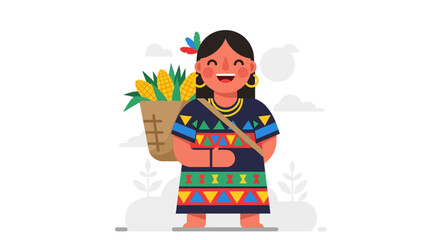 Cheerful indigenous woman in traditional attire carrying a basket full of freshly harvested corn.