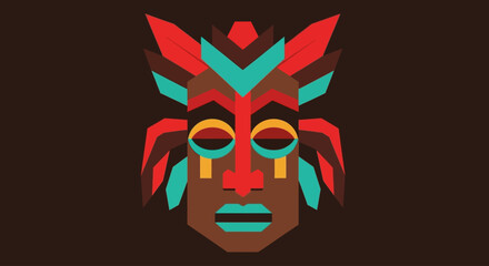 Stylized geometric tribal mask with vibrant red, teal, and yellow accents on a dark background.