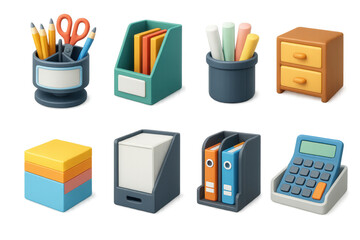 3D Desk Organizer Icons. Desk organizer set of icons in 3D color style: rotating supply caddy, magazine rack, whiteboard, chalk holder, small drawer