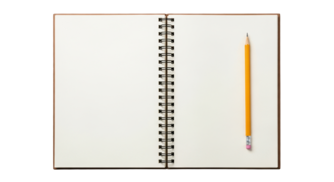 Blank open spiral notebook with a yellow pencil, top view flat lay. Isolated on transparent background, png