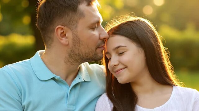Loving father kissing his adult daughter on the forehead outdoors. Family, love, and portrait concept.