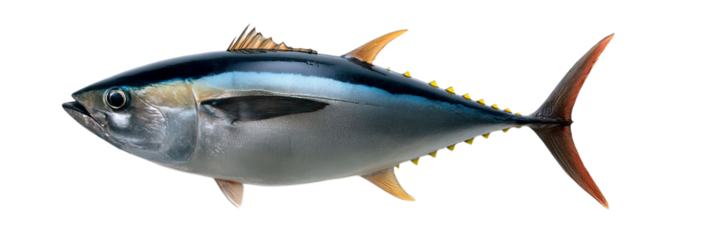 Transparent Cutout, a Majestic Fresh Tuna Fish, Showcasing Its Sleek Blue and Silver Body with Distinctive Yellow Fins, Ideal for Culinary Presentations or Aquatic Themes