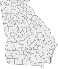 Gray silhouette vector of Georgia state with all internal county borders clearly defined, providing a clean and minimalist political map of the Southeastern U.S. territory.

