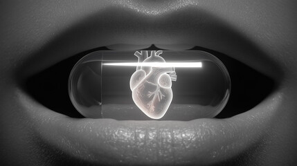 rtansparent capsule with heart inside being placed between lips