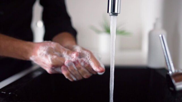Side view and close up of man washing hands with soap above sink. Cleaning fingers and palms. Water pouring out of tap into sink in kitchen. Hand care and protection.