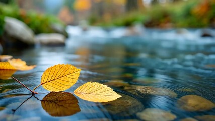Yellow leaves floating on gentle stream amidst vibrant autumn scenery - Powered by Adobe