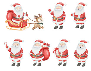 Set featuring Santa Claus in various poses, with sleigh, sack of gifts, and reindeer. Watercolor Christmas and New Year illustration. White background.