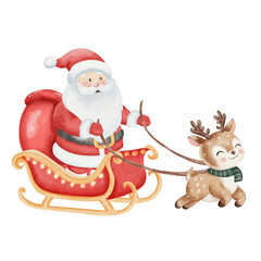 Watercolor illustration of Santa Claus riding red sleigh with gift bag, pulled by cute reindeer in green scarf. White background, adorable childish Christmas style.