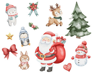 Cute watercolor Christmas set with Santa Claus, reindeer, snowman, penguin, polar bear, rabbit, Christmas tree, gifts, bow, star, and mistletoe. Festive clipart on white background.