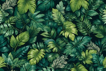 Dark Jungle Tropical Leaves Background. Dramatic Emerald Botanical Design