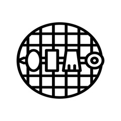 Abstract black and white illustration of a circular grid with abstract geometric shapes and lines inside symbolizing data or network connection on a transparent background