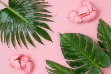Tropical leaves and pink flowers on a pastel pink background, flat lay design