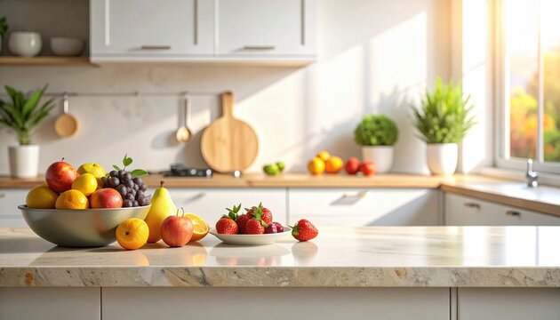 Bowl of assorted fruits on a kitchen countertop next to a window with sunlight and bokeh effect