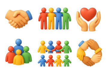 3D Support Icons. Mutual support set of icons in 3D color style: holding hands icon, people standing in unity, supportive handshake, open palms with