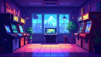 Pixel Art Interior View of an Arcade Game Room with Window Sunlight and Colorful Arcade Machines