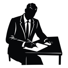 Silhouette of a businessman in a suit writing at a desk with a pen