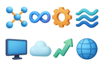 Smart Building Icons. Smart Buildings Symbols set icons in 3D color style: connected nodes, infinity loop, gear, abstract wave, digital screen, cloud,