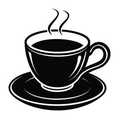 Black and white illustration of a steaming cup of coffee on a saucer