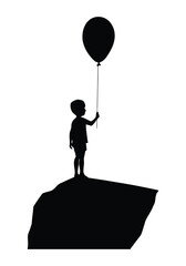 Silhouette of a child holding a balloon standing on a rock against a white background