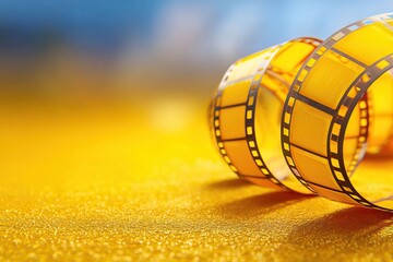 Golden film reel sparkles on textured surface