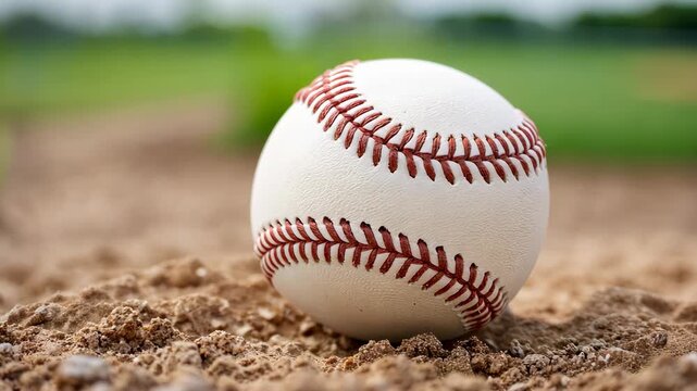 Closeup of baseball rolling on sandy field with blurred green background