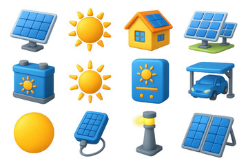 3D Solar Energy Icons. Solar Energy set of icons in 3D color style: solar panel, sun icon, rooftop panel, solar farm, solar battery, sun rays, solar