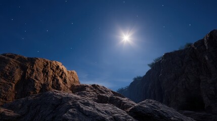 Night Sky Over Rock Formations with Bright Star and Mystical Lighting Effect
