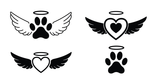Angel wings with paw prints and hearts a memorial design set
