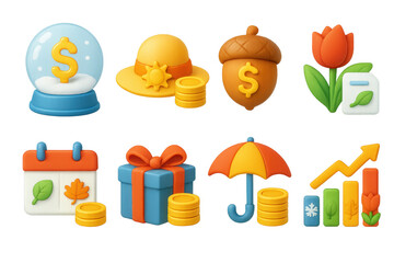 Seasonal Bonds Icons. Seasonal bonds set of icons in 3D color style: snow globe with currency, sun hat with coin stack, autumn acorn with dollar
