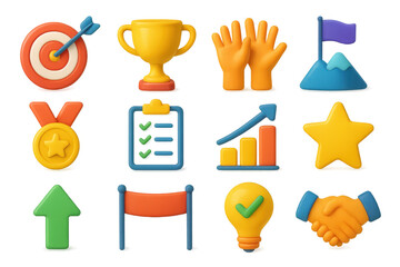 3D Achievement Icons. Goal reached set of icons in 3D color style: target with arrow, trophy cup, raised hands, flag on mountain, medal icon,
