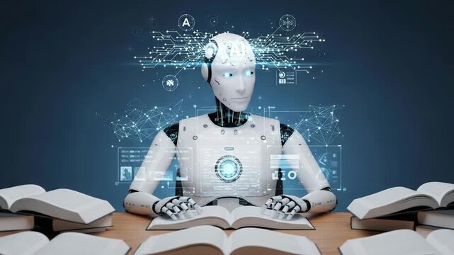 AI robot learns from books, digital network brain, modern tech study video preview