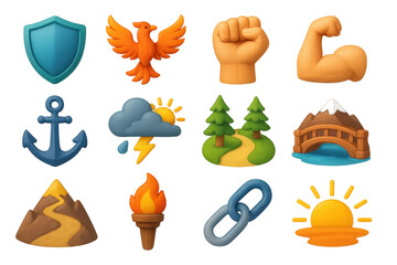 Resilience Icons Set. Resilience and Strength set of icons in 3D color style: shield, phoenix, clenched fist, strong arm, anchor, storm cloud clearing