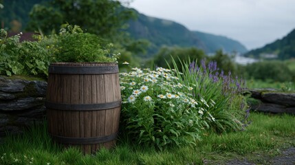Fototapeta premium Recycled Wooden Barrel Surrounded by Vibrant Flowers in a Scenic Landscape