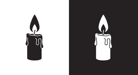 A simple black and white icon set of a lit candle with melting wax dripping down the side.