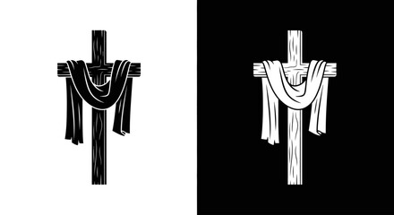 A black and white illustration of a wooden Christian cross draped with cloth, symbolizing crucifixion and resurrection.