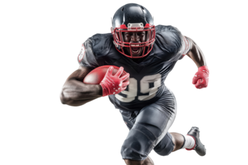 American football player running with ball on transparent background