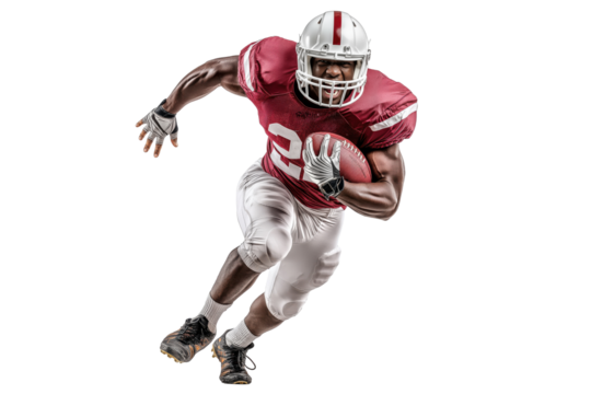 American football player running with ball on transparent background