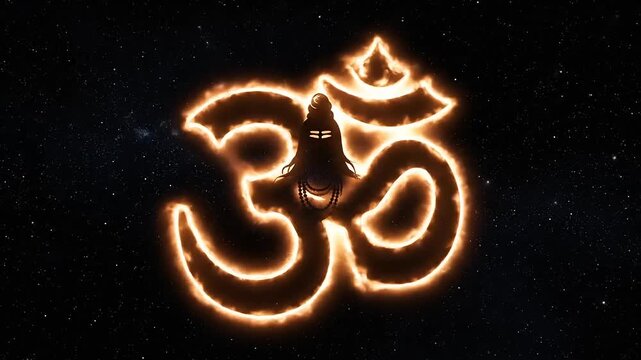 Animated Om symbol with Shiva with cosmic background.