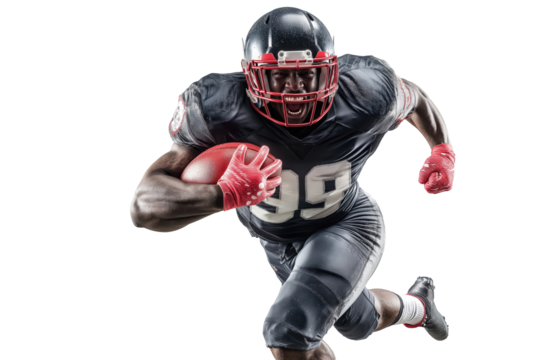 American football player running with ball on transparent background