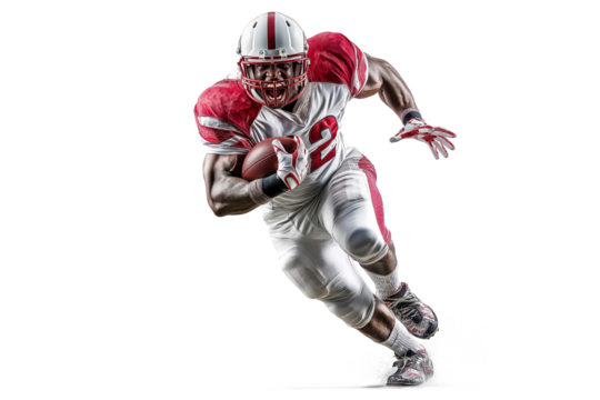 American football player running with ball scoring touchdown