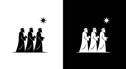 A graphic illustration of the three biblical Magi wearing crowns and following the guiding Christmas star.