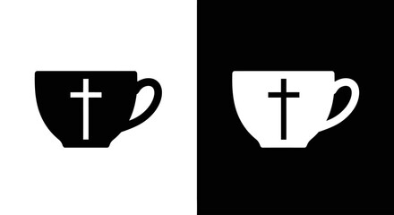 A simple graphic illustration of a coffee cup with a Christian cross, shown as black and white inverse icons.