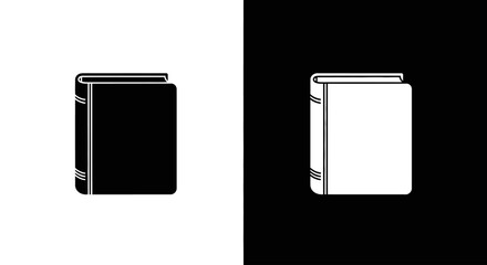 A minimalist graphic of two contrasting book icons on a split black and white background.