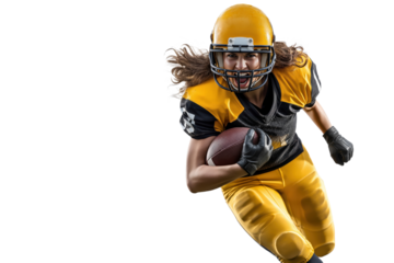 Female american football athlete running with ball
