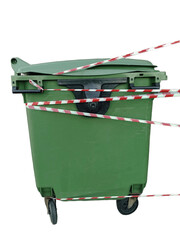  Green trash bin tied with ribbon on white background.